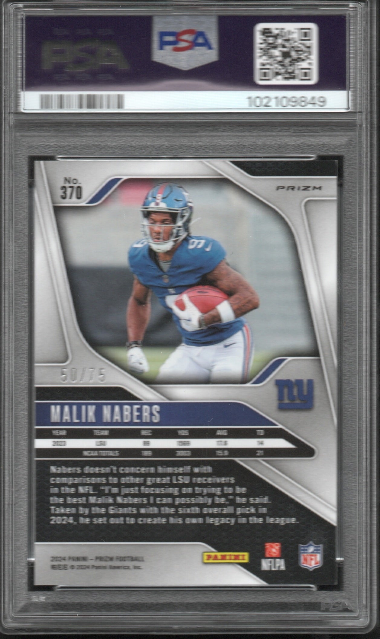 2024 Panini Prizm Malik Nabers #370 Rookie Green Scope Prizm 50/75 PSA 10 POP 6